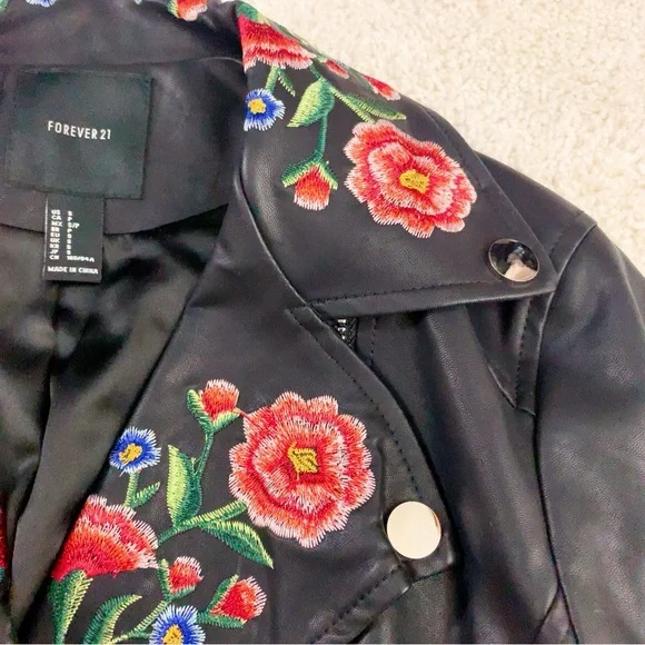 Floral Embroidered Black Faux Leather Biker Jacket - Picture 5 of 10